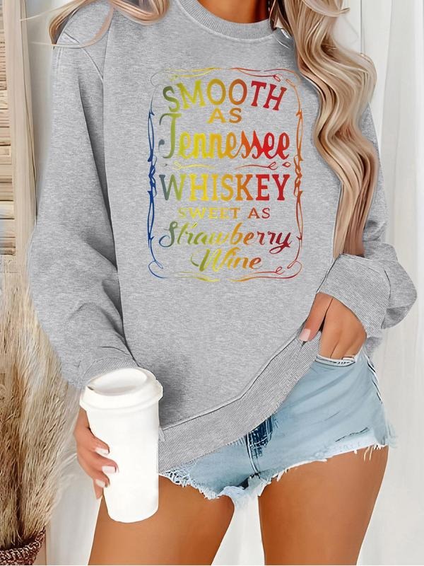 Women's Smooth Whiskey Print Round Neck Sweatshirt, Casual Long Sleeve Pullover for Daily Wear, Ladies Fall & Winter...