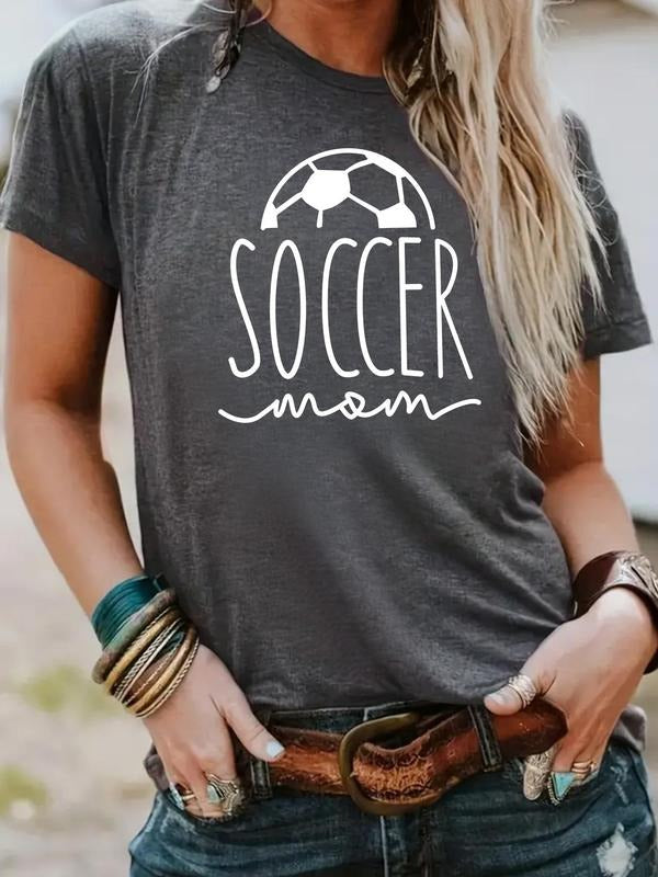 Women's Soccer Mom Letter Print Round Neck Tee, Casual Short Sleeve Crew Neck T-shirt for Summer, Fashion Women's Top for...