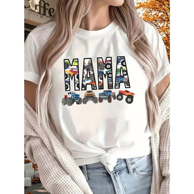 Women's Soft MAMA Graphic T-Shirt with Playful Cartoon Vehicle Design - Short Sleeve, All-Season Casual Top for Home,...