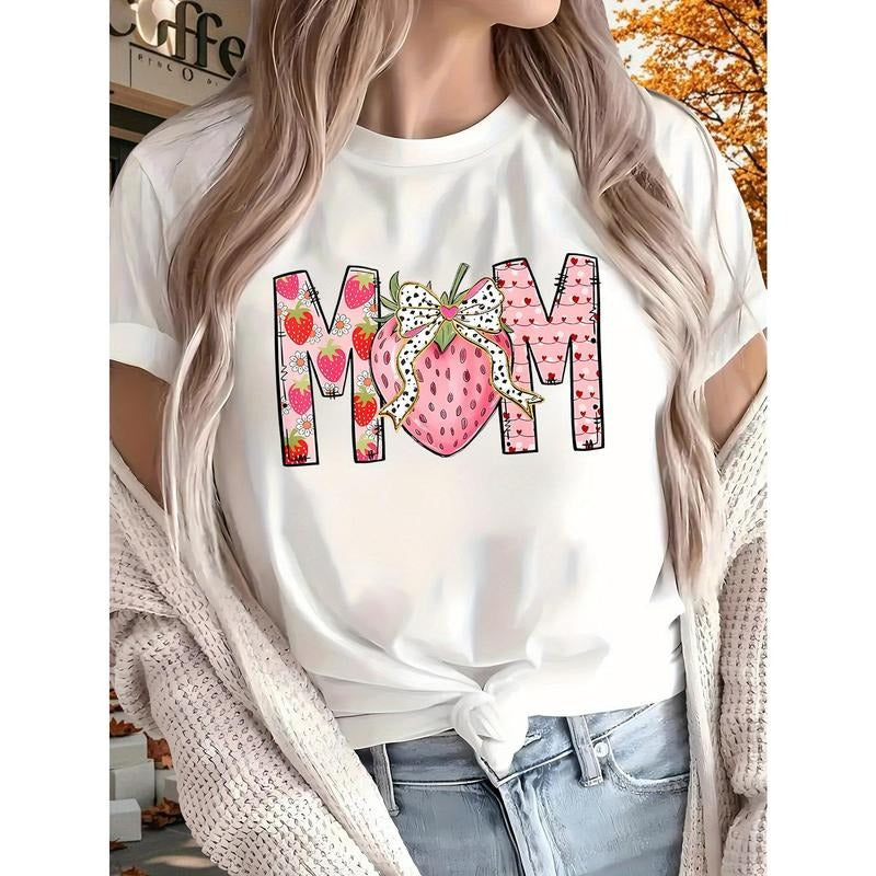 Women's Soft T-Shirt with Strawberry "MOM" Print - Casual Short Sleeve, All-Season Comfort for Home, Sports & Outdoor...