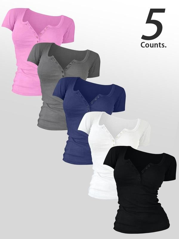 Women's Solid Color Button Decor Round Neck Tee, Casual Short Sleeve T-shirt for Daily Wear, Ladies Clothes for All...