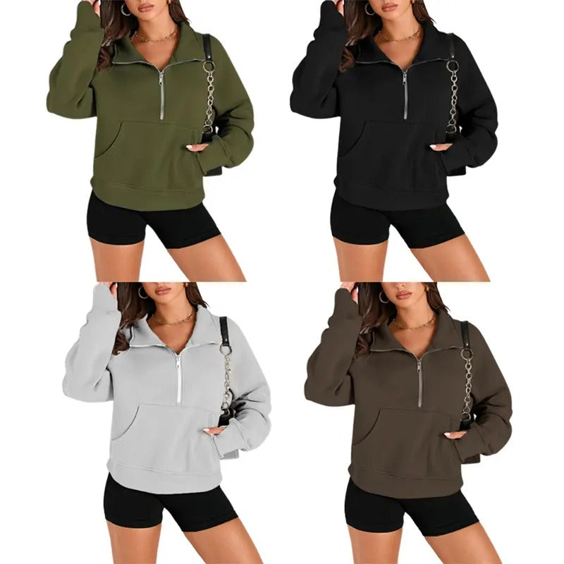Women's Solid Color Sweatshirt Raglan Long Sleeve Turtle Neck Half Zip-up Casual Tops T-Shirts, Hoodie | HypeDripTees.com