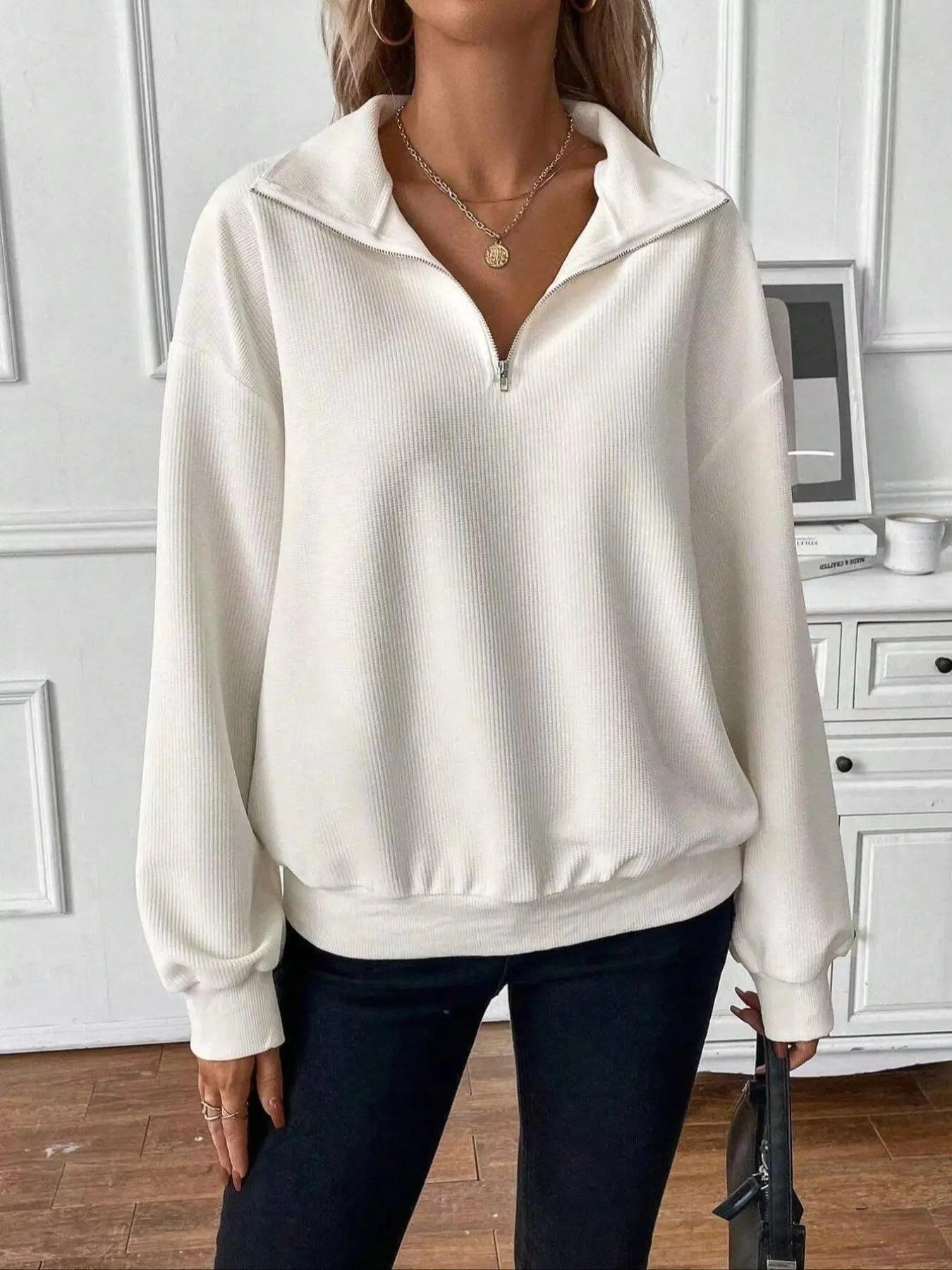 Women's Solid Drop Shoulder Zip Up Funnel Neck Sweatshirt, Casual Long Sleeve Pullover for Spring & Fall, Ladies Clothes...
