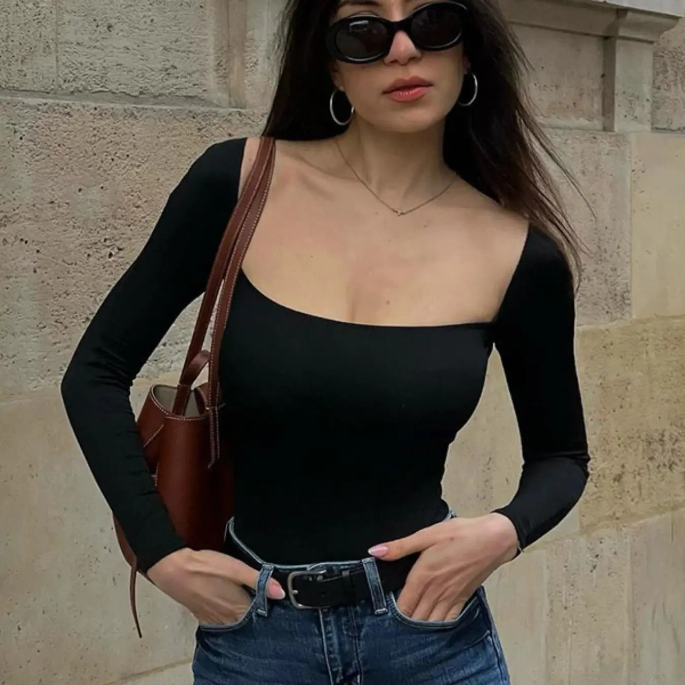 Women's Solid Ribbed Crop Tee, Fashionable Casual Long Sleeve Square Neck T-shirt for Spring & Fall, Women's Top for...