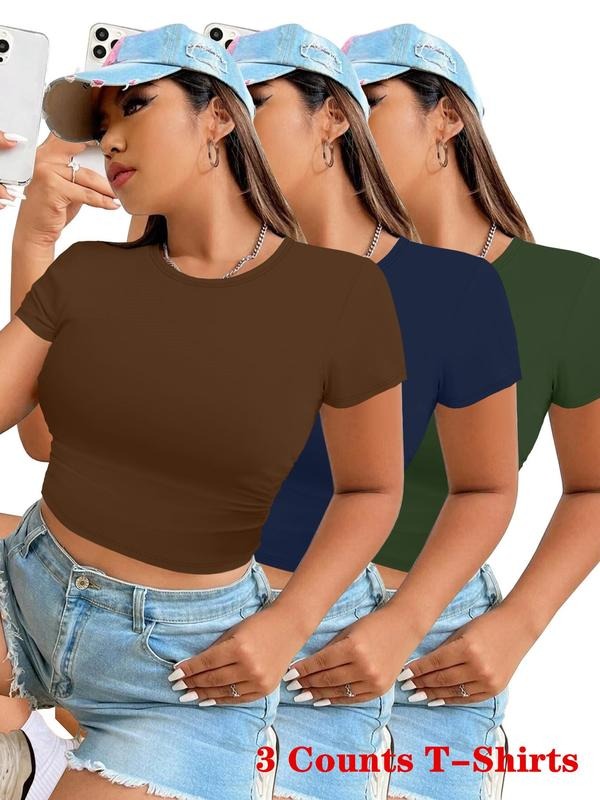 Women's Solid Round Neck Crop Tee, Casual Basic Short Sleeve T-shirt for Daily Wear, Ladies Clothes for All Seasons, Top...