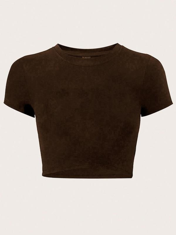 Women's Solid Round Neck Crop Tee, Casual Short Sleeve Crew Neck T-shirt for Summer, Fashion Women's Top for Daily Wear...