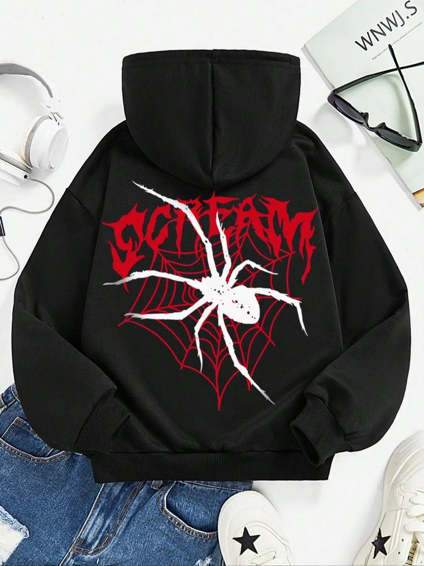 Women's Spider & Letter Print Drop Shoulder Hoodie, Street Fashion Casual Drawstring Hooded Sweatshirt for Daily Holiday...