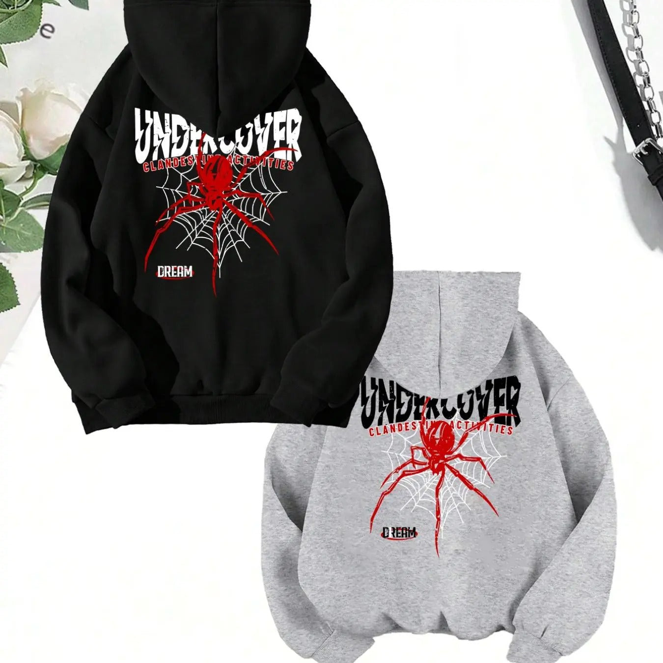 Women's Spider & Slogan Print Drop Shoulder Hoodie, Fashion Casual Drawstring Pocket Hooded Sweatshirt for Daily Holiday...