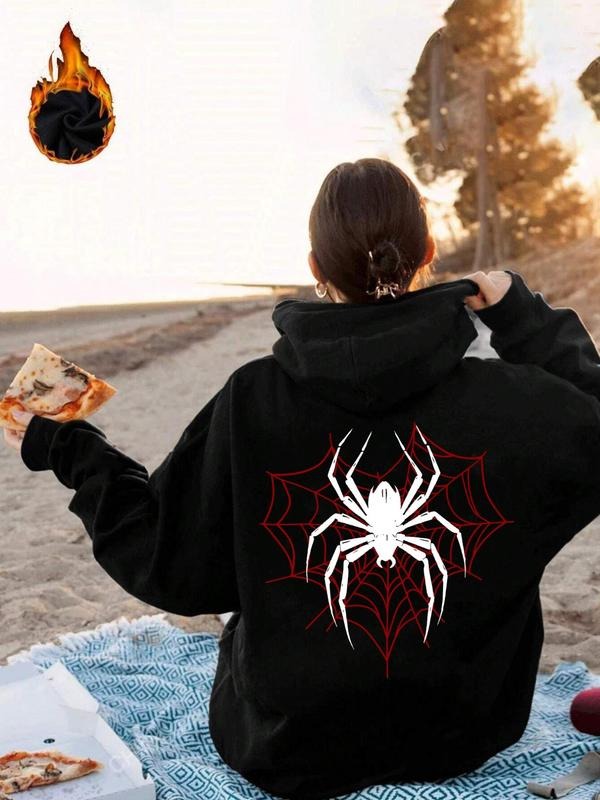 Women's Spider & Spider Web Print Drop Shoulder Hoodie, Fashion Casual Drawstring Pocket Hooded Sweatshirt for Daily...