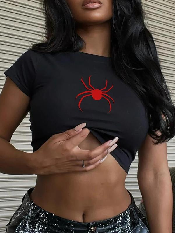 Women's Spider Print Crew Neck Crop Tee, Fashion Casual Slim-fitting Short Sleeve T-shirt for Daily Wear, Ladies Summer...