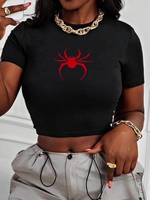 Women's Spider Print Round Neck Crop Tee, Casual Short Sleeve Crew Neck T-shirt for Summer, Fashion Women's Top for Daily...