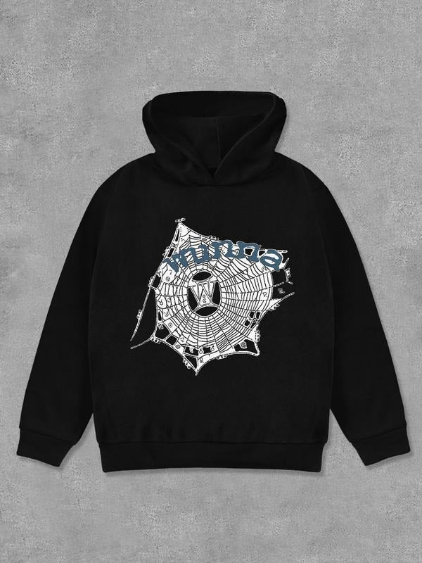 Women's Spider Web & Letter Print Drop Shoulder Hoodie, Fashion Casual Hooded Sweatshirt for Daily Holiday Outdoor Wear,...
