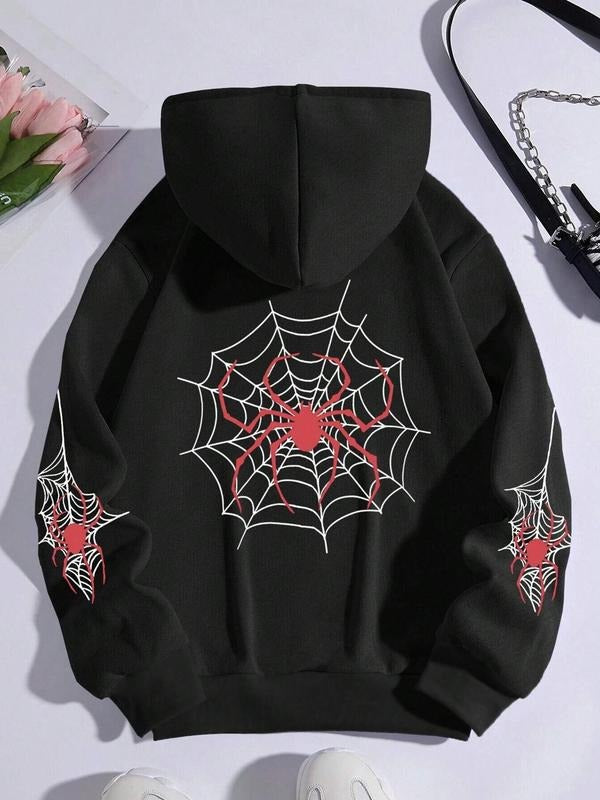 Women's Spider Web & Spider Print Drop Shoulder Hoodie, Fashion Casual Drawstring Pocket Hooded Sweatshirt for Daily...