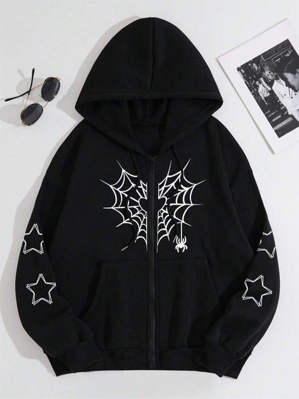 Women's Spider Web Print Drop Shoulder Zip Up Hoodie, Fashion Casual Drawstring Pocket Hooded Sweatshirt for Daily...
