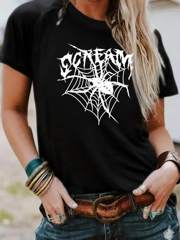 Women's Spider Web Print Round Neck Tee, Fashion Casual Crew Neck T-Shirt for Daily Holiday Vacation Outdoor Wear, Ladies...