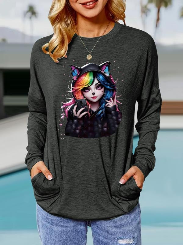 Women's Spring & Fall Butterfly Print Round Neck Long Sleeve Pullover, Casual Loose-Fit T-Shirt with Pockets, Comfortable...