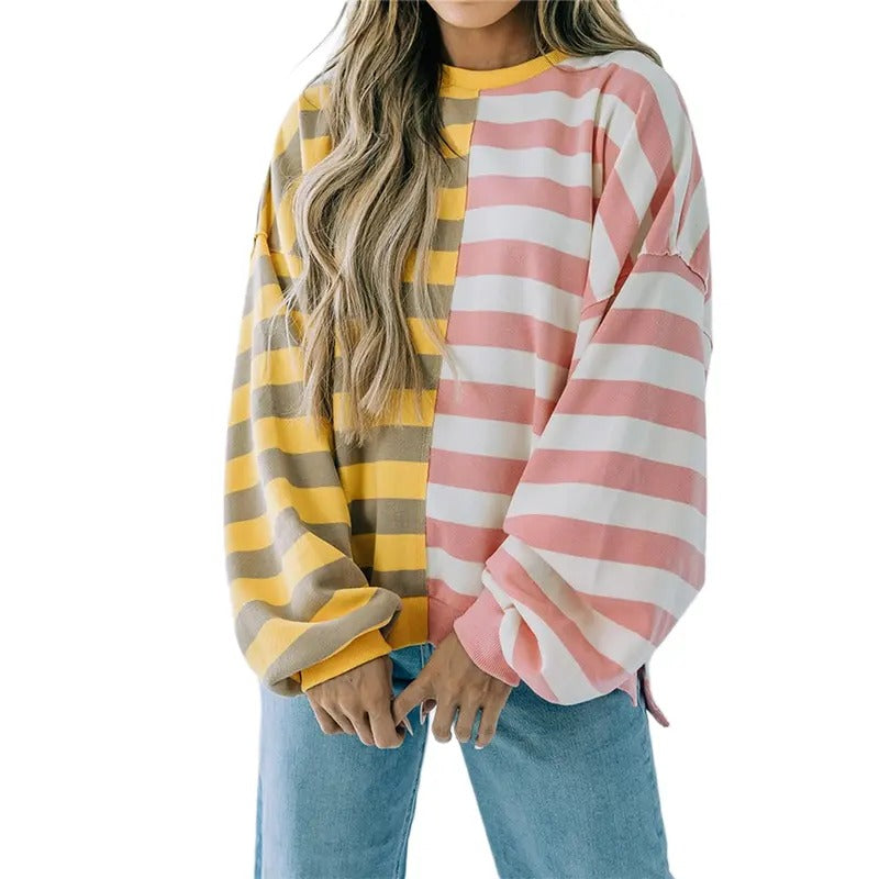 Women's Spring Autumn Loose Sweatshirt Long Sleeve Round Neck Striped Pullover T-Shirts, Hoodie | HypeDripTees.com