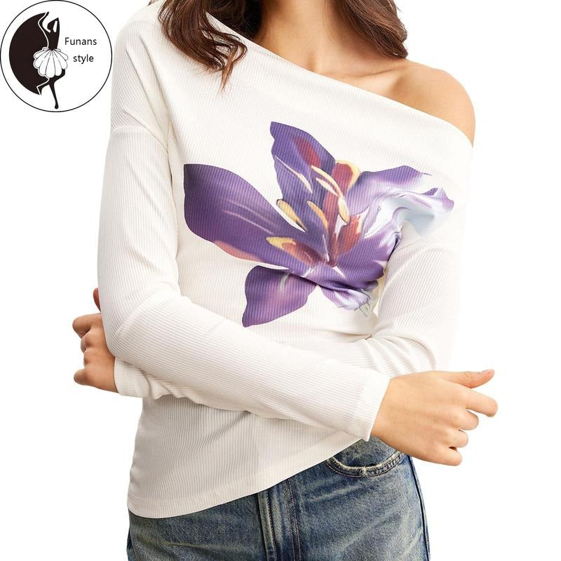 Women's Spring Floral Print Tops Long Sleeve Off Shoulder Trendy  T-shirt Hoodie, Sweatshirt | HypeDripTees.com