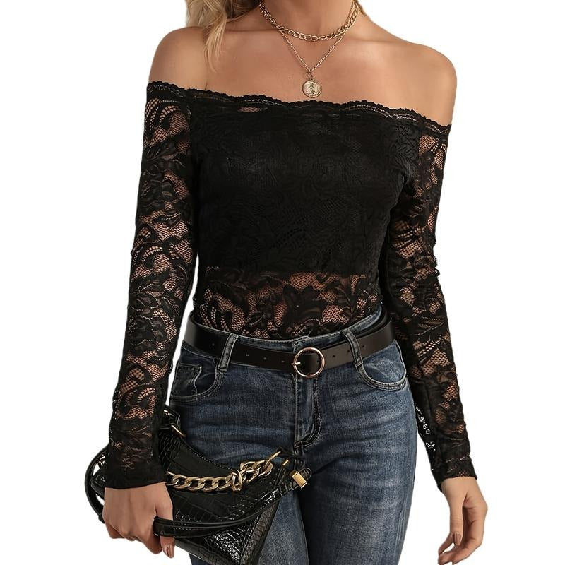 Women's Spring Sheer Blouses Long Sleeve Off Shoulder Trendy Lace Party T-shirts Hoodie, Sweatshirt | HypeDripTees.com
