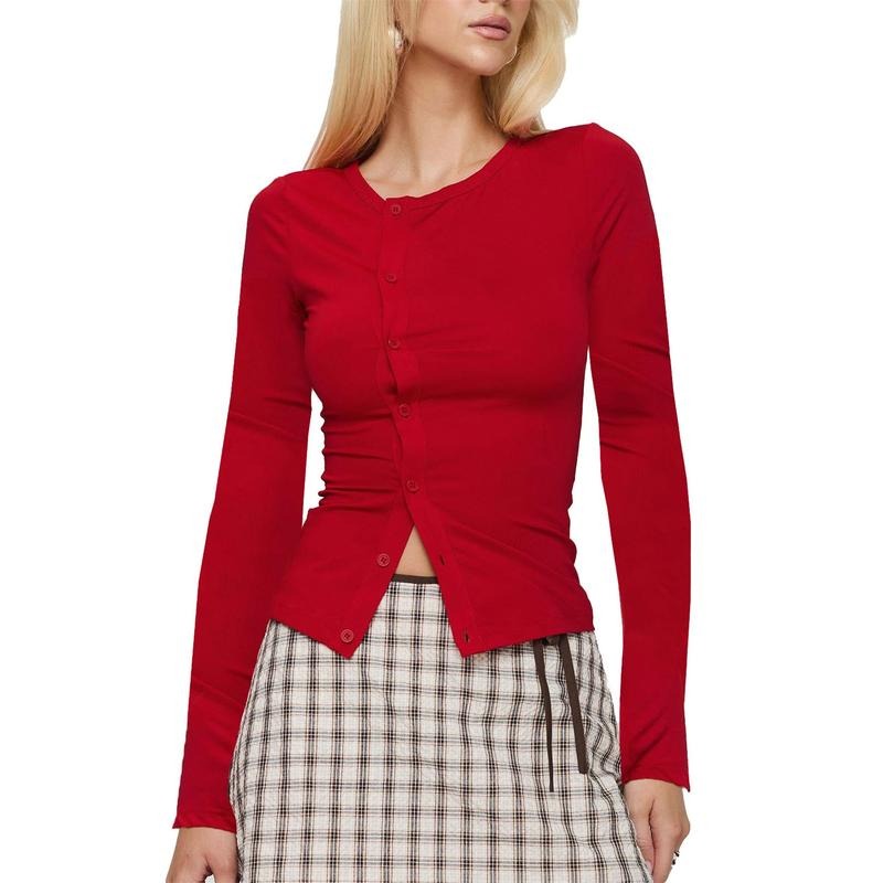 Women's Spring Summer  Tops Long Sleeve Round Neck Solid Color Button Up T-shirt Hoodie, Sweatshirt | HypeDripTees.com