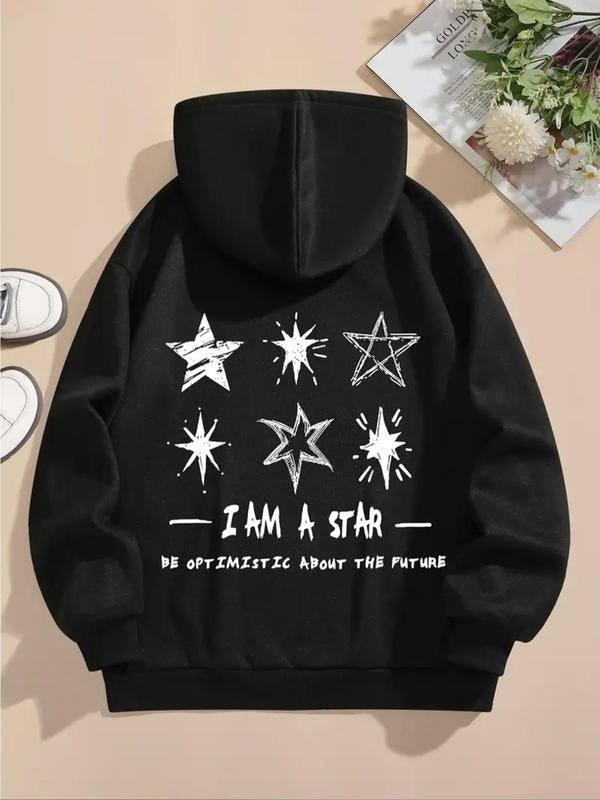 Women's Star & Letter Print Drop Shoulder Hoodie, Fashion Casual Drawstring Pocket Hooded Sweatshirt for Daily Holiday...