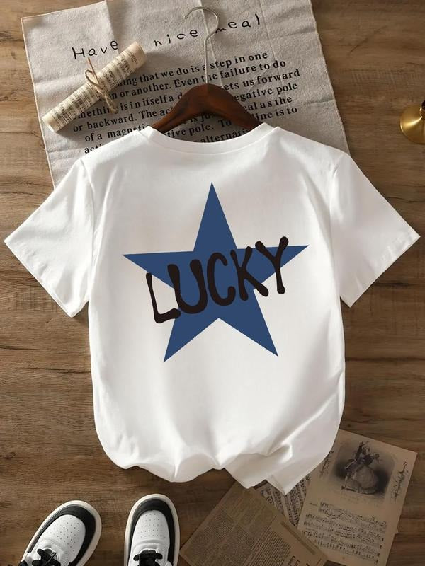 Women's Star & Letter Print Round Neck Tee, Trendy Casual Short Sleeve T-Shirt for Daily Wear, Ladies All Seasons Outfit...