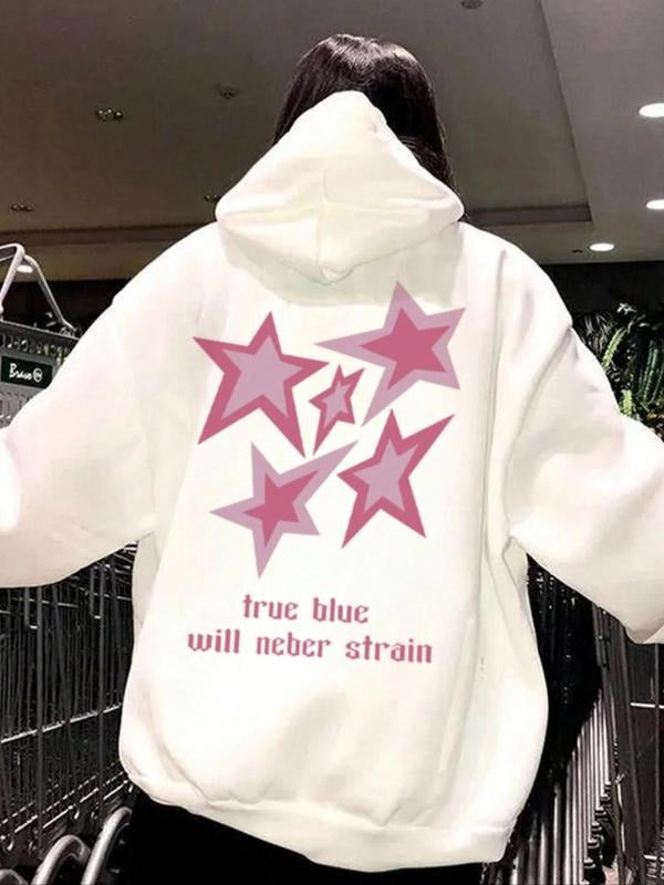 Women's Star Print Drop Shoulder Drawstring Thermal Lined Hoodie, Fashion Casual Letter Print Pocket Hooded Sweatshirt...