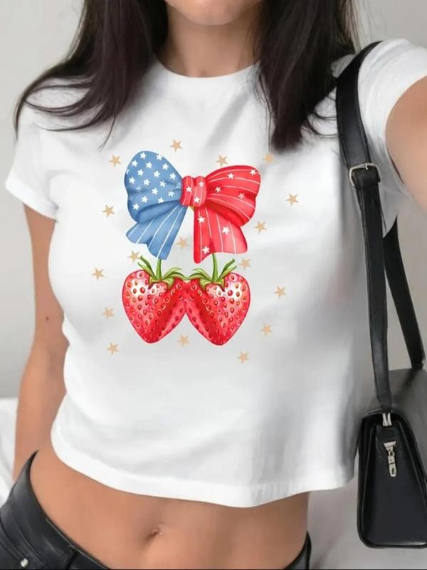 Women's Strawberry & Bow Print Round Neck Crop Tee, Casual Short Sleeve Crew Neck T-shirt for Summer, Fashion Women's Top...