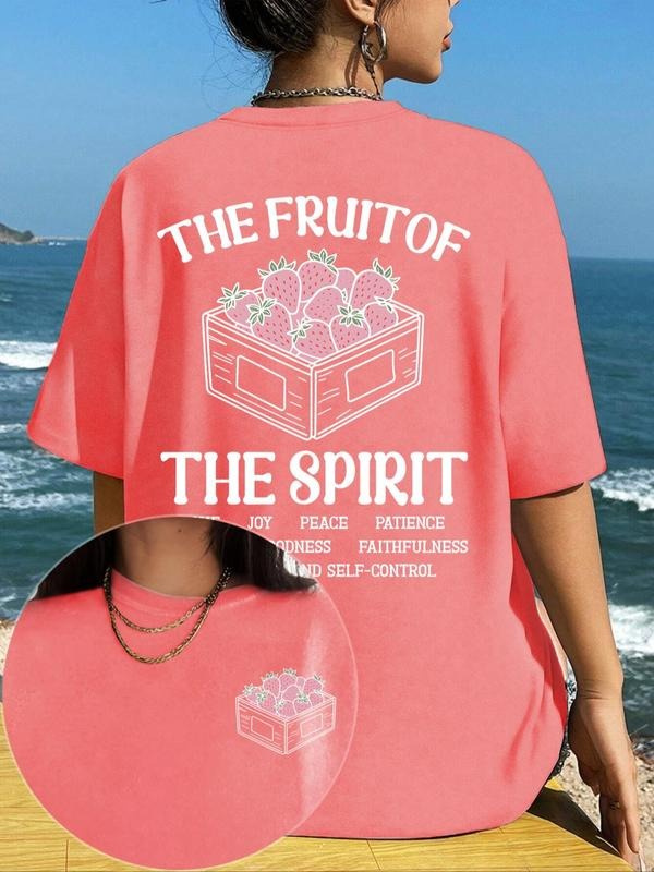Women's Strawberry & Letter Print Round Neck Tee, Fashion Casual Short Sleeve T-shirt, Ladies Summer Clothes for Daily...