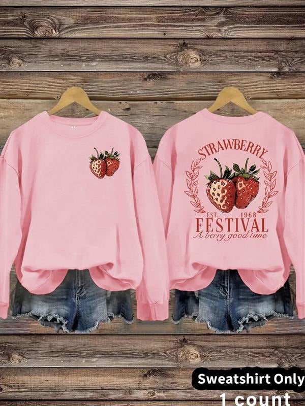 Women's Strawberry Festival Print Crew Neck Sweatshirt, Casual Long Sleeve Pullover for Fall & Winter, Women's Clothes...