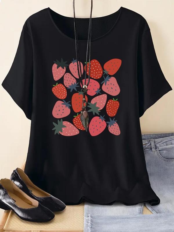 Women's Strawberry Print Round Neck Tee, Casual Short Sleeve T-Shirt for Summer, Ladies Clothes for Daily Wear Hoodie,...