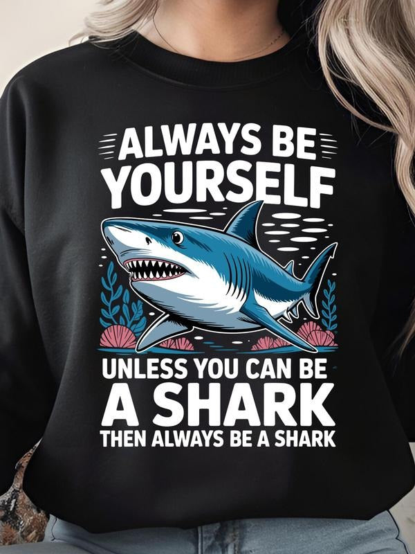 Women's Street Style Shark Print Hoodie, Casual Fitted Round Neck Sweatshirt, Fall & Winter Thick Fabric Fashion Top T-Shirts