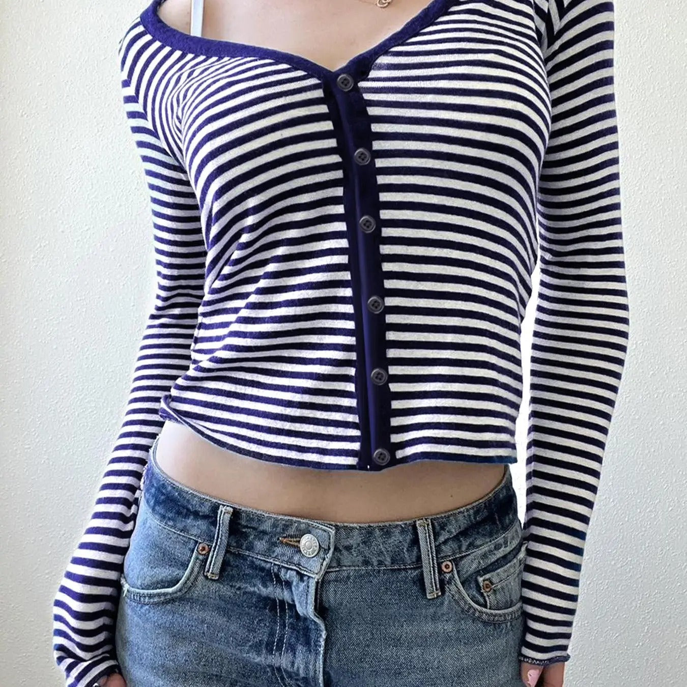 Women's Striped Print Button Front V Neck Tee, Casual Long Sleeve T-shirt for Spring & Fall, Women's Top for Daily Wear...