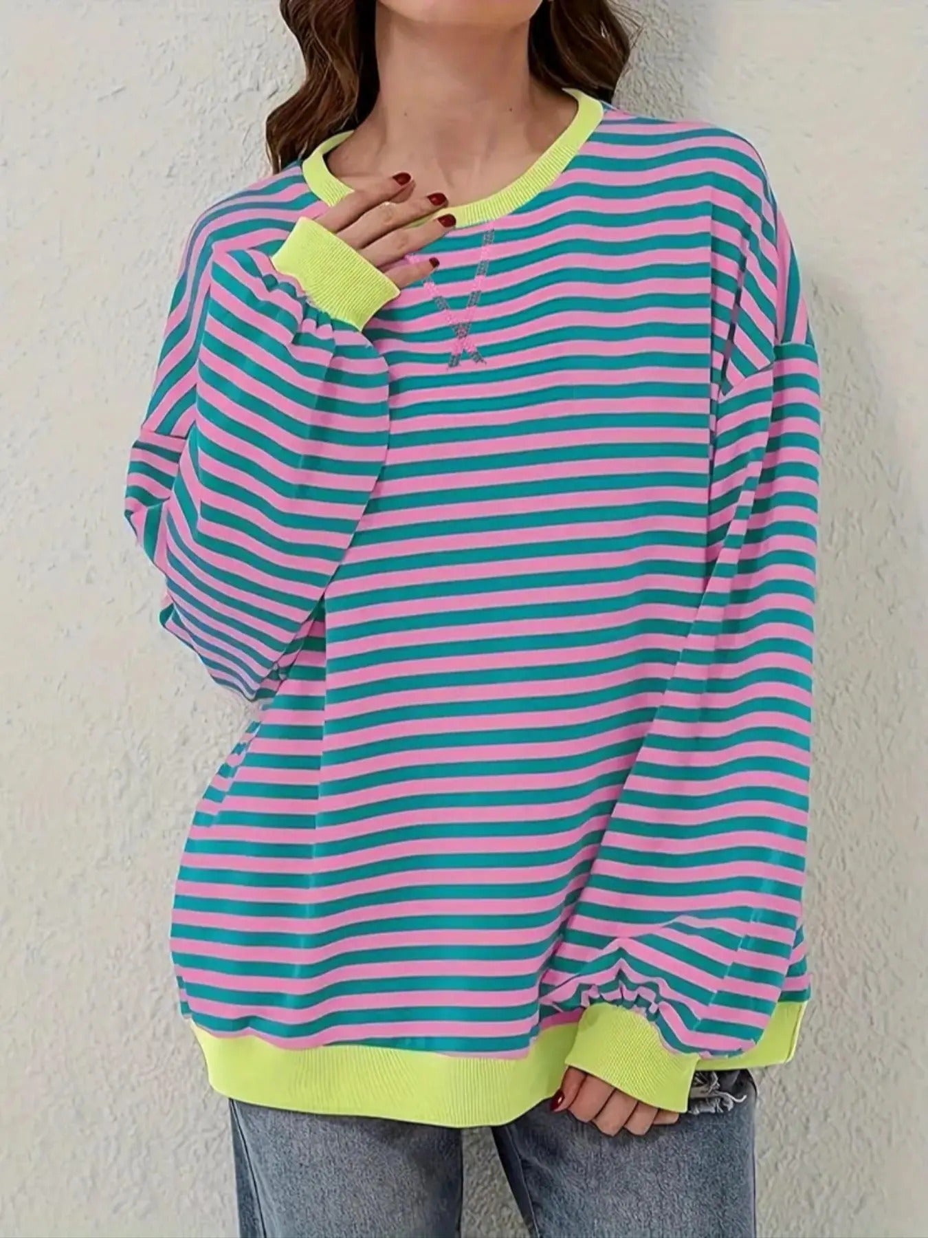 Women's Striped Print Contrast Binding Drop Shoulder Sweatshirt, Fall Outfits, Fallfreshness Casual Long Sleeve Round...