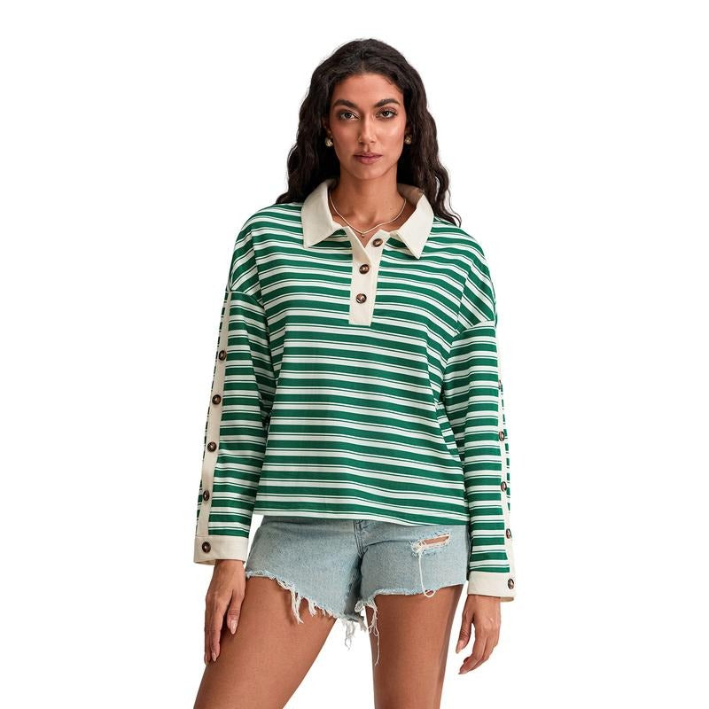 Women's Striped T-Shirt Contrast Color Long Sleeve Lapel Neck Button-up Casual Pullover Tops Hoodie, Sweatshirt