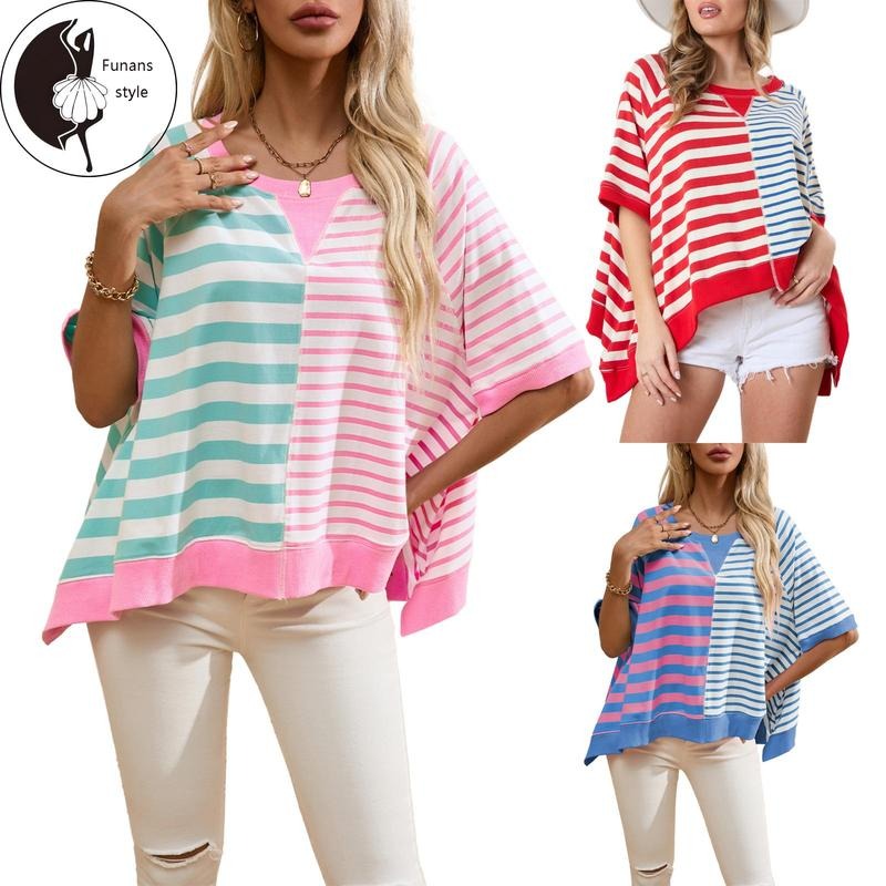 Women's Striped Tops Loose Round Neck Short Sleeve Casual T-Shirt for Summer Streetwear Hoodie, Sweatshirt | HypeDripTees.com