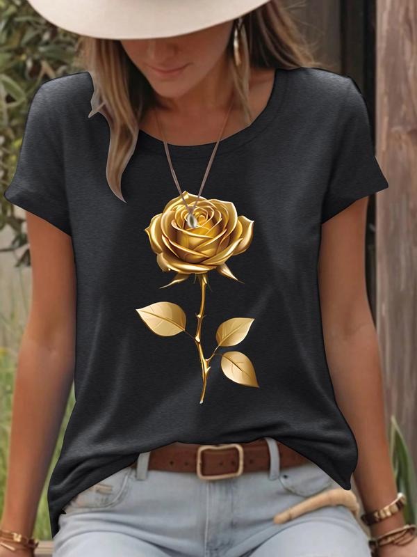 Women's Summer Casual Floral Print Round Neck Short Sleeve T-Shirt, Comfortable Breathable Fitted Top, S-Xxl Sizes...