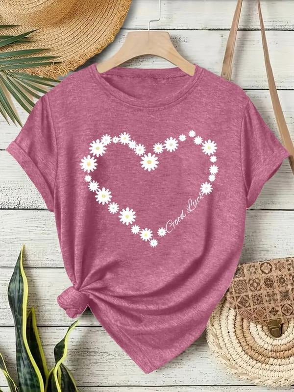 Women's Summer Casual Heart Print Vintage Style Round Neck Short Sleeve T-Shirt, Comfortable Breathable Fit S-Xxl style...