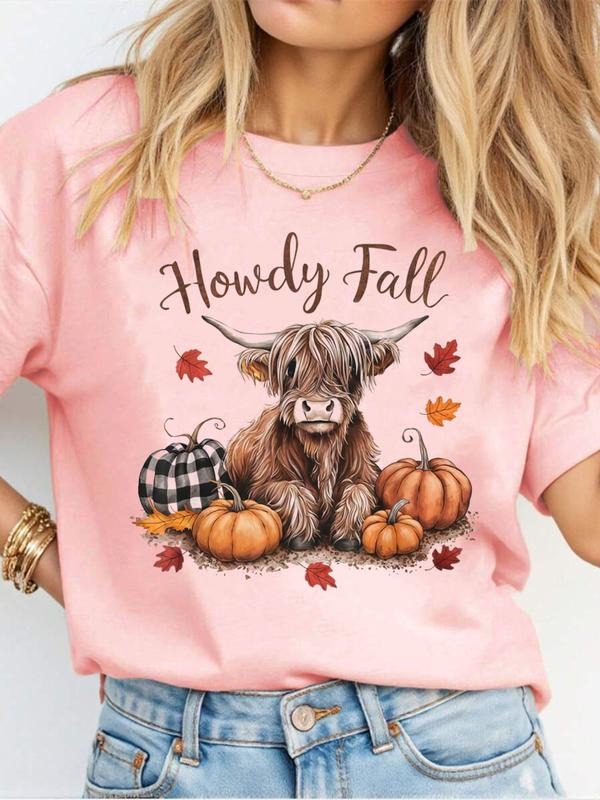 Women's Summer Casual Loose-Fit T-Shirt Top, Cartoon Animal & Letter Pumpkin Print, Fruits & Vegetables Pattern, Moderate...
