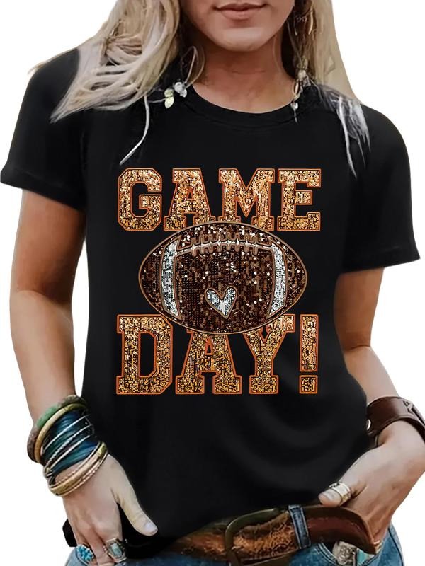 Women's Summer Casual Sporty Round Neck Short Sleeve T-Shirt, Football Print & Crystal Decor, Breathable Comfort Fit...
