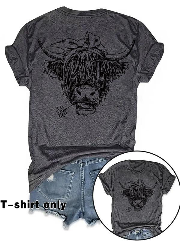 Women's Summer Casual Vintage Cow Print Round Neck Short Sleeve T-Shirt, Comfortable Breathable Fitted Top, S-Xxl Sizes...