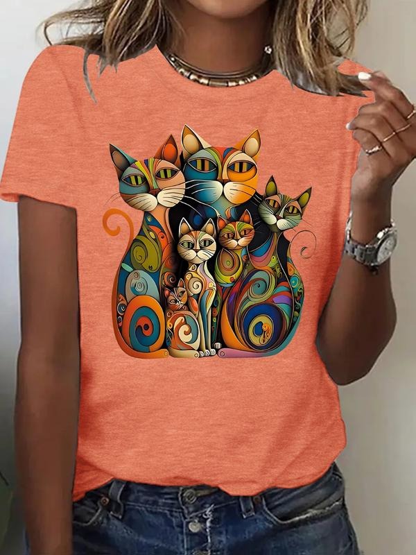 Women's Summer Casual Vintage Print Round Neck Short Sleeve T-Shirt, Comfortable Breathable Fitted Top, S-Xxl Sizes...