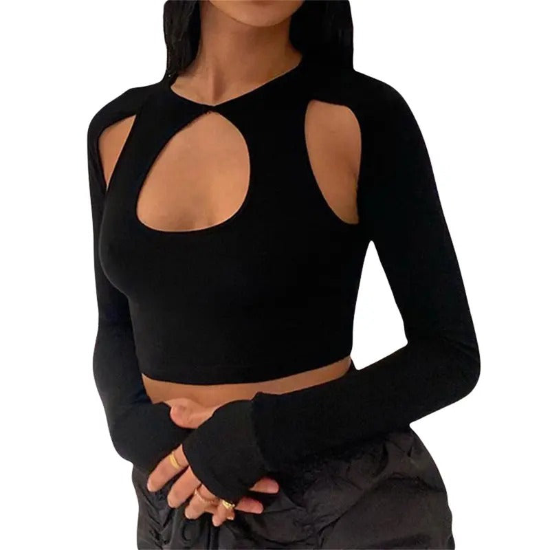 Women's Summer Crop Tops Solid Color Long Sleeves Round Neck Unique Cutout Cropped Navel Slim Blouse Polyester Shirts...