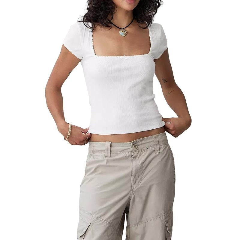 Women's Summer Slim Fit Tops Short Sleeve Lace Trim Collar Square Neck Crop T-shirts Womenswear Check Hoodie, Sweatshirt