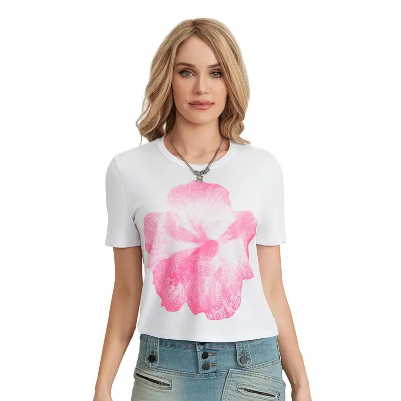 Women's Summer Tops Slim Casual Round Neck Short Sleeve Flower Print Baby Tee Shirts Streetwear Clothes Cotton Lady...