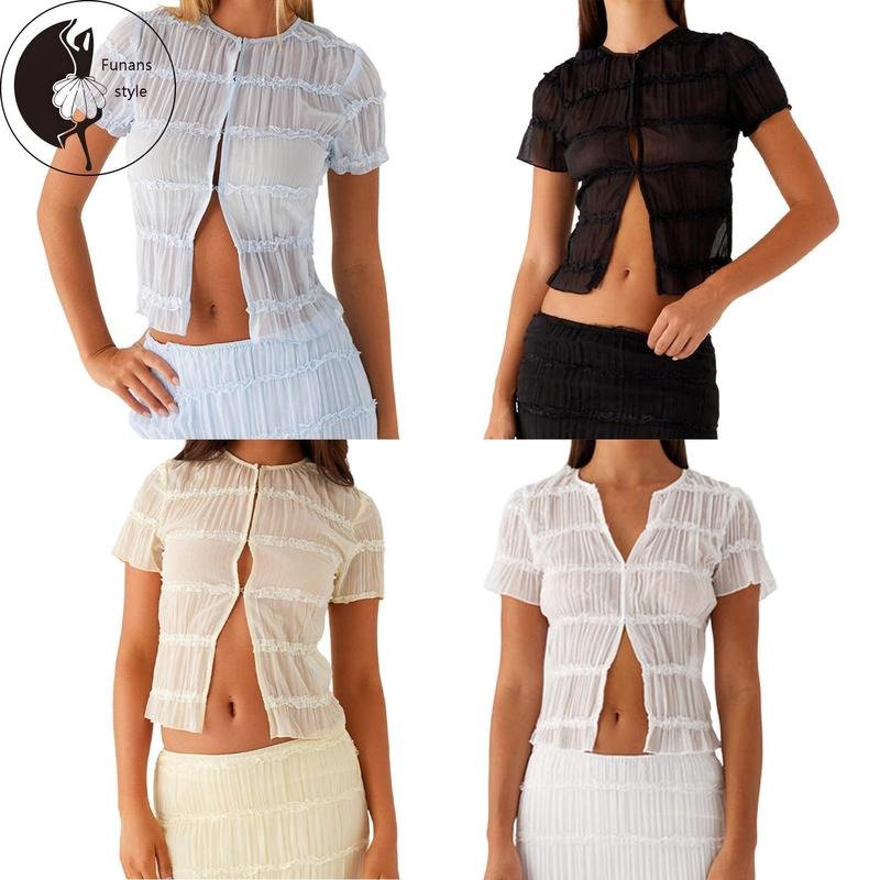 Women's SummerCropped Tops Solid Color Short Sleeve Round-Neck Frill Smocked T-Shirt Hoodie, Sweatshirt | HypeDripTees.com