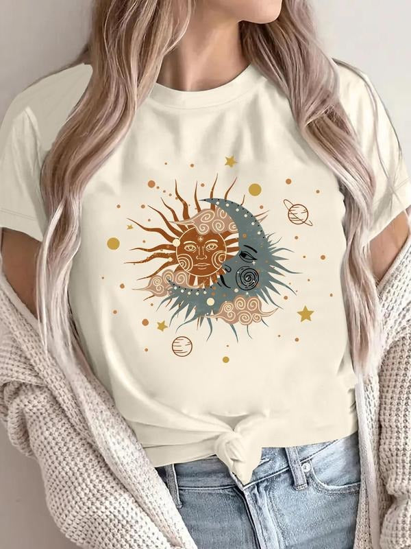 Women's Sun & Moon Print Round Neck Tee, Casual Fashion Short Sleeve T-shirt for Daily Wear, Ladies Summer Clothes, Top...