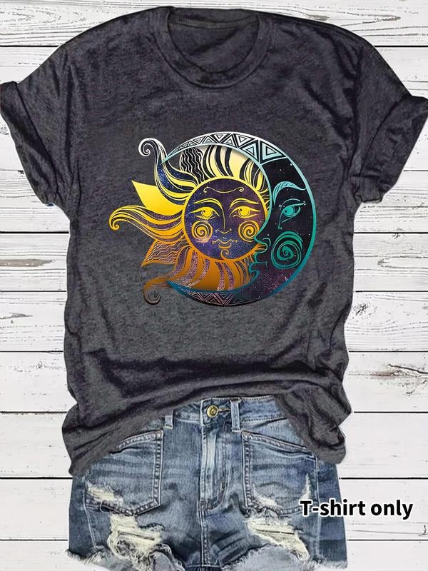Women's Sun & Moon Print Round Neck Tee, Vintage Trendy Casual Short Sleeve T-shirt for Daily Wear, Ladies Summer Hoodie,...
