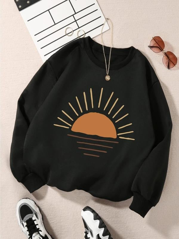 Women's Sun Print Drop Shoulder Thermal Lined Sweatshirt, Casual Long Sleeve Round Neck Pullover for Fall & Winter,...