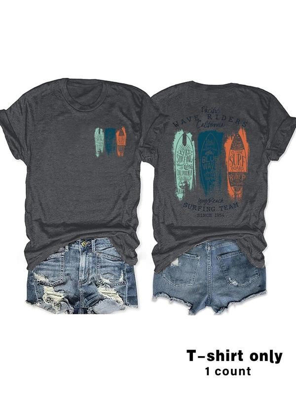Women's Surfing Team Print Round Neck Tee, Casual Short Sleeve Crew Neck T-shirt for Summer, Fashion Women's Top for...